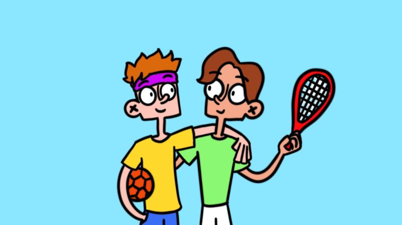 Illustrazione con al centro un calciatore che abbraccia un tennista