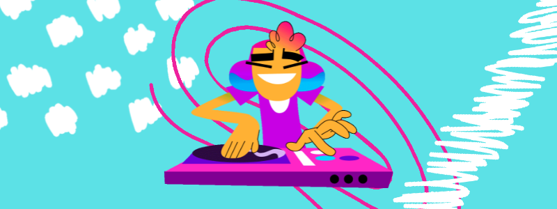 Illustrazione di un dj cartoon che suona una consolle ballando
