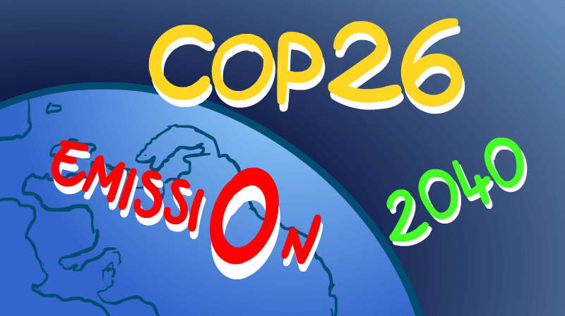 Illustrations of the earth seen from the universe with “emission” “cop26” and “2040” written on it
