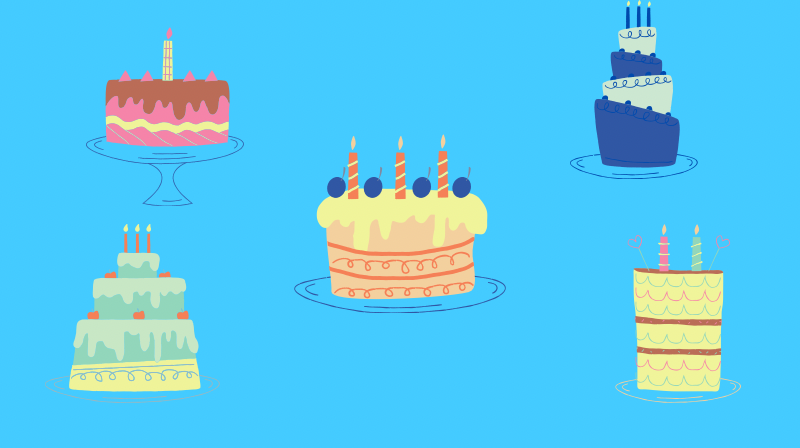 Illustrazione di varie torte su sfondo azzurro