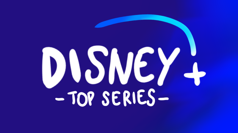 Illustrazione con scritta “Disney plus top series” su sfondo blu