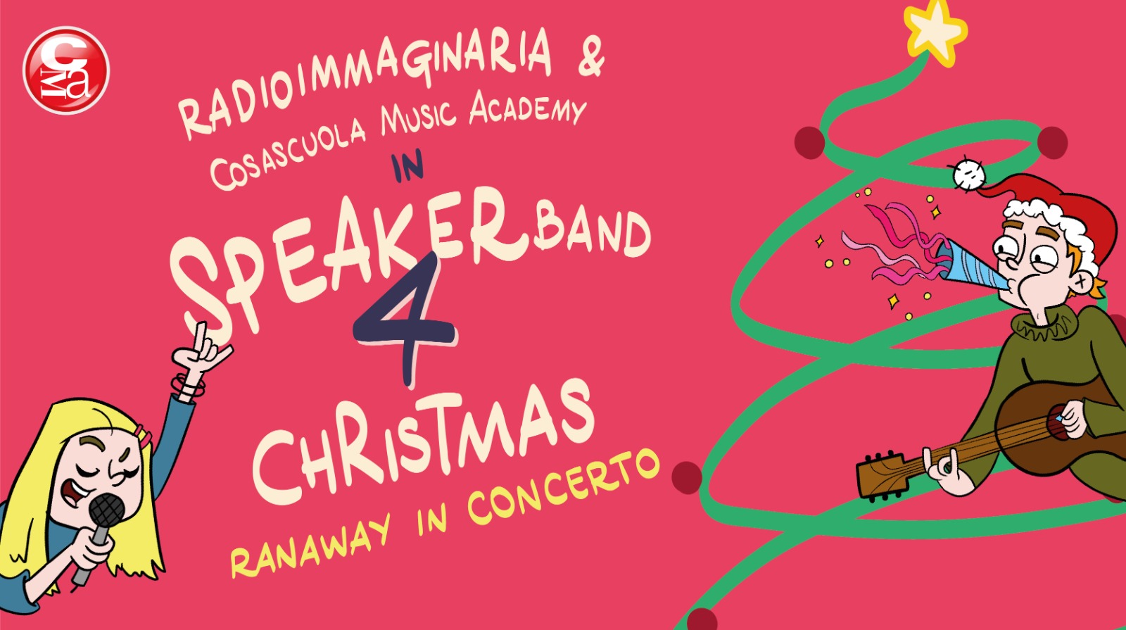 L'immagine è il volantino di Speakerband 4 Christmas, l'evento organizzato da Radioimmaginaria il 23 dicembre 2021 insieme a Cosascuola Music Academy