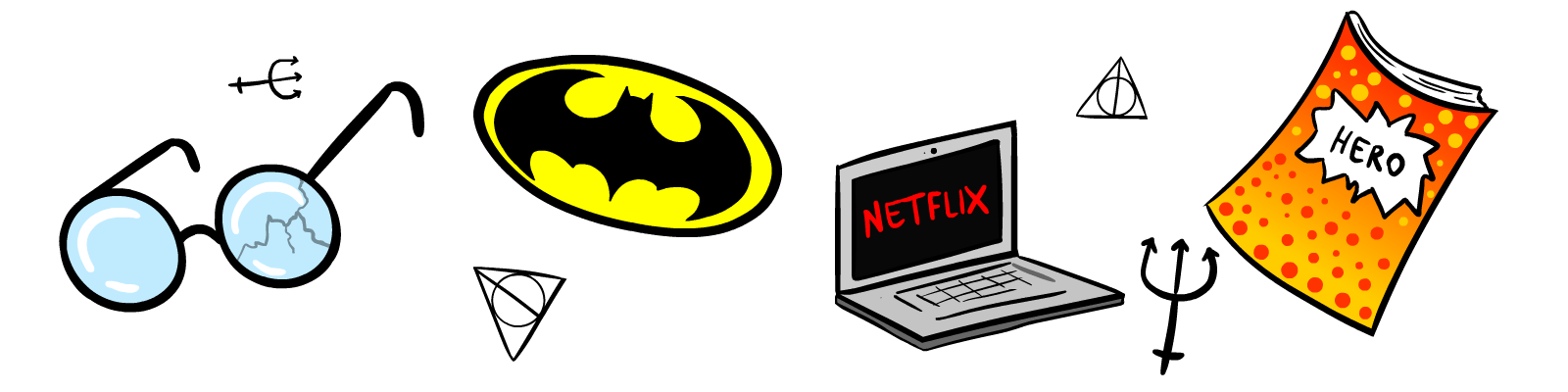 Occhiali Harry Potter, simbolo Batman, computer con Netflix, fumetti