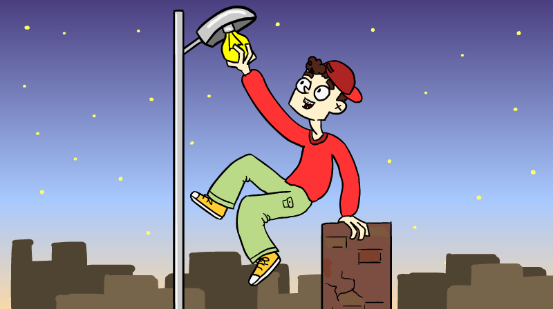 A boy uses parkour to change the bulb of a street light