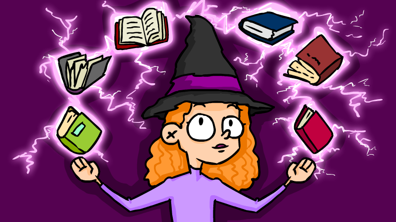 A drawing of a red-headed girl with a witch hat enchanting some books