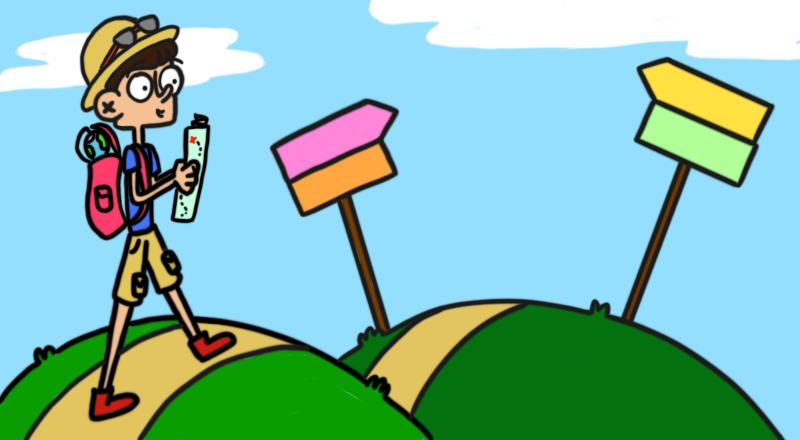 A drawing of a teenager walking on a hill with a backpack
