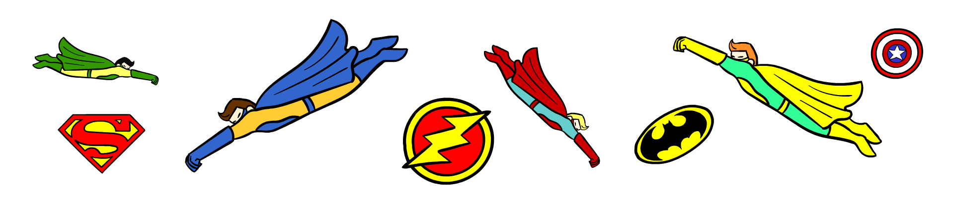 Illustrazione di vari supereroi con mantelli colorati che volano