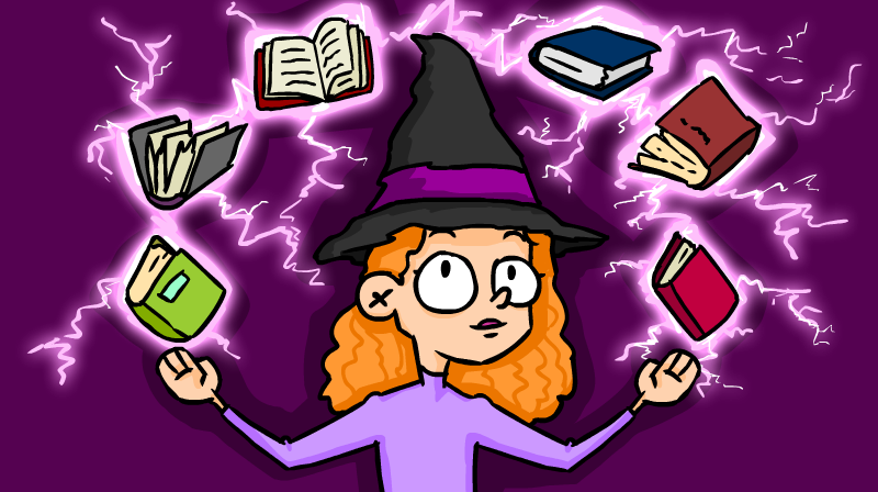una bruja que hace una magia con unos libros