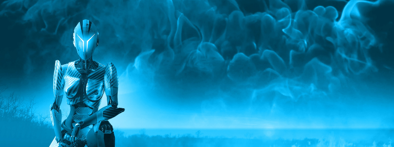 Un droide metallizato compare in mezzo a una nebbiolina azzurra