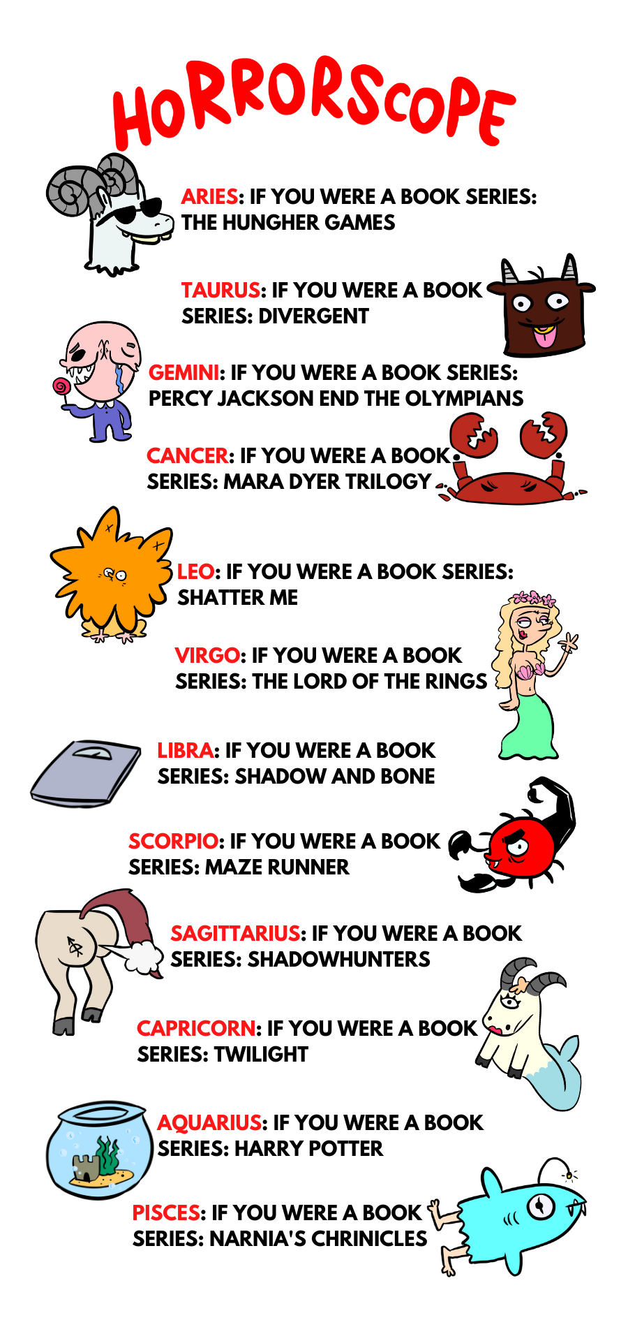 Horrorscope  ARIES: If you were a book series: The Hunger Games TAURUS: If you were a book series: Divergent GEMINI: If you were a book series: Percy Jackson and the Olympians CANCER: If you were a book series: Mara Dyer trilogy LEO: If you were a book series: Shatter me VIRGO: If you were a book series: The Lord of the Rings LIBRA: If you were a book series: Shadow and Bone SCORPIO: If you were a book series: Maze Runner SAGITTARIUS: If you were a book series: Shadowhunters CAPRICORN: If you were a book series: Twilight AQUARIUS: If you were a book series: Harry Potter PISCES: If you were a book series: Narnia&rsquo;s Chronicles