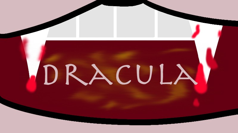 Denti di vampiro insanguinati con la scritta "Dracula"
