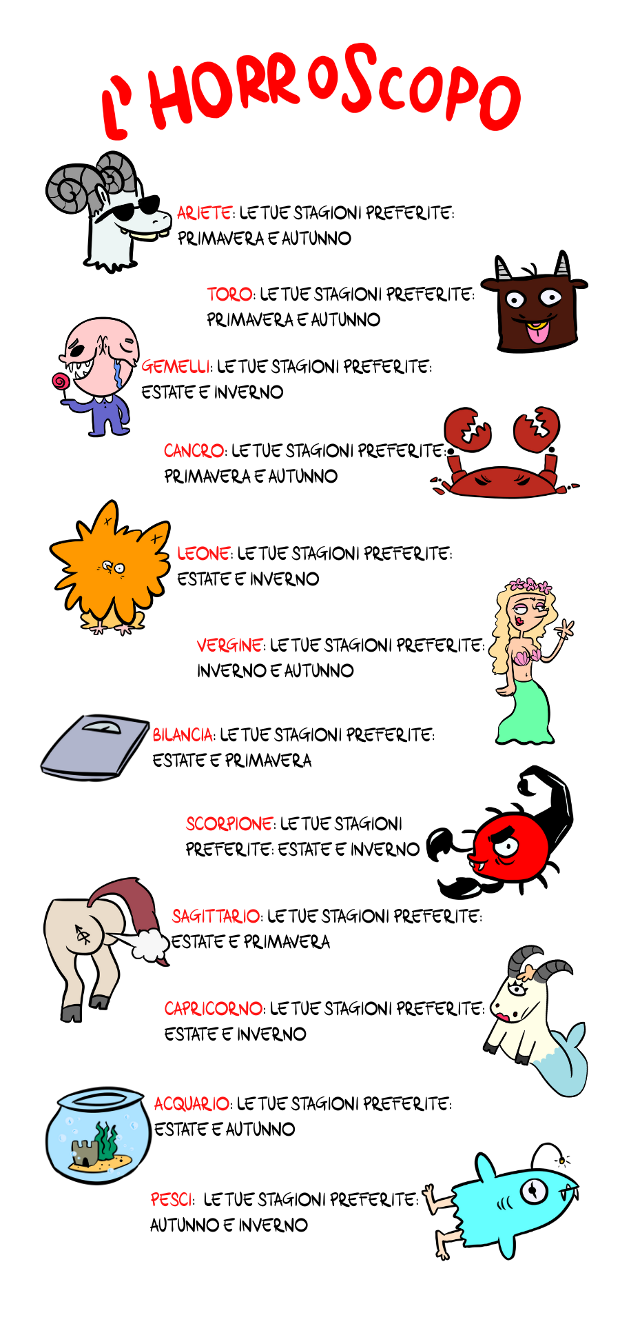 Horroroscopo  ARIETE: Le tue stagioni preferite: primavera e autunno TORO: Le tue stagioni preferite: primavera e autunno GEMELLI: Le tue stagioni preferite: estate e inverno CANCRO: Le tue stagioni preferite: primavera e autunno LEONE: Le tue stagioni preferite: estate e inverno VERGINE: Le tue stagioni preferite: inverno e autunno BILANCIA: Le tue stagioni preferite: estate e primavera SCORPIONE: Le tue stagioni preferite: estate e inverno SAGITTARIO: Le tue stagioni preferite: estate e primavera CAPRICORNO: Le tue stagioni preferite: estate e inverno ACQUARIO: Le tue stagioni preferite: estate e autunno PESCI: Le tue stagioni preferite: autunno e inverno
