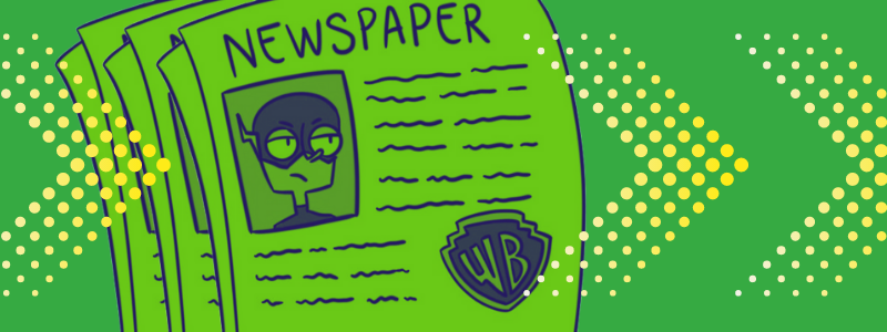 Giornale ultime news con un il supereroe Flash in copertina su un giornale colorato di verde, su uno sfondo verde con delle frecce gialle