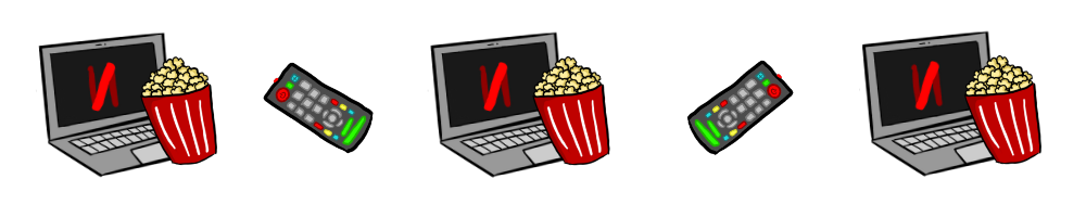 una cornicetta formata da un pc con dei popcorn accanto e un telecomando per la televisione.