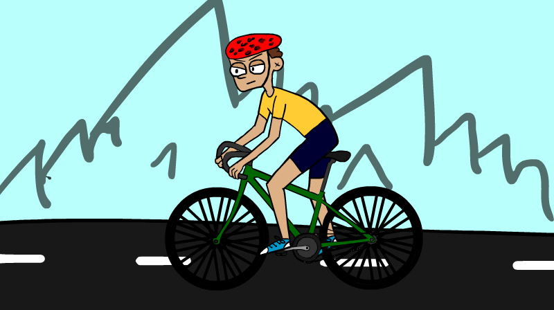 illustrazione animata di un ragazzo che pedala velocissimo sulla sua bicicletta
