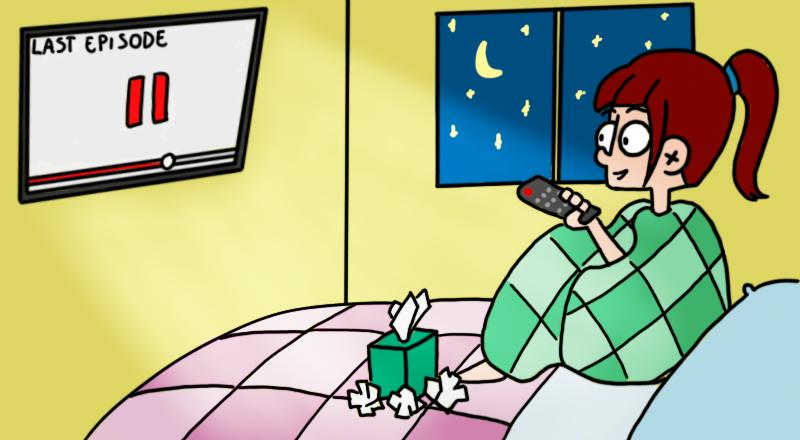 illustrazione di una ragazza sul letto guarda una serie alla tv