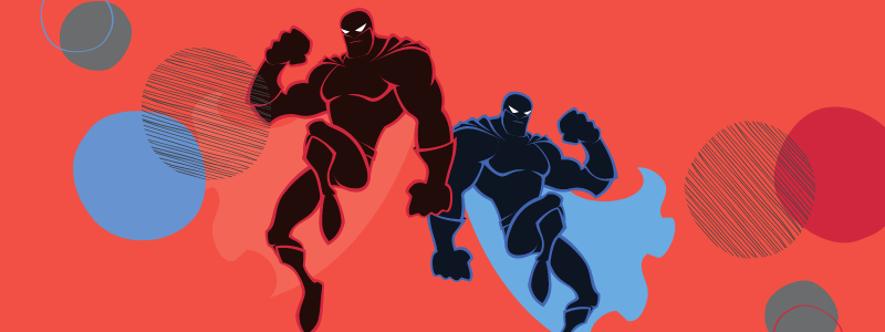 due supereroi uno rosso e uno blu su sfondo colorato