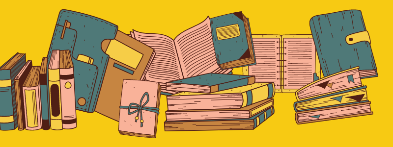 Cornice di libri colorati su sfondo giallo
