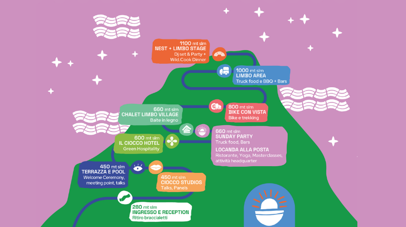 mappa del Limbo Festival a forma di montagna verde su sfondo violetto