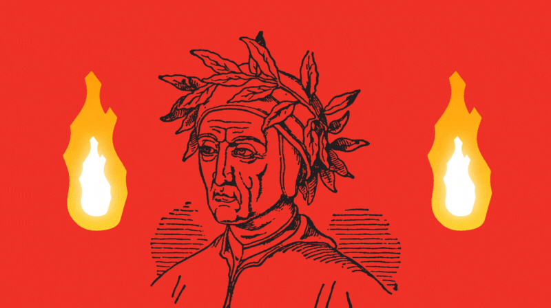 illustrazione di Dante in china nero con fiammelle animate intorno a lui su sfondo rosso fuoco