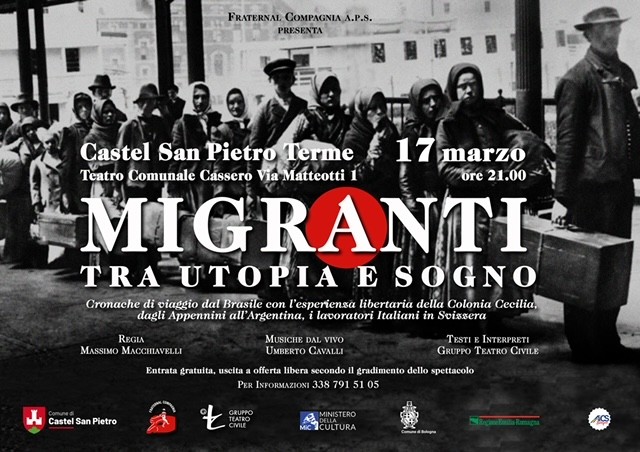 Locandina dell'evento "Migranti - tra utopia e sogno", a Castel San Pietro Terme, venerdì 17 marzo 2023