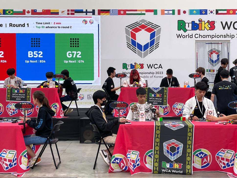 Foto che rappresenta le postazioni dei giocatori al Mondiale di Cubo di Rubik