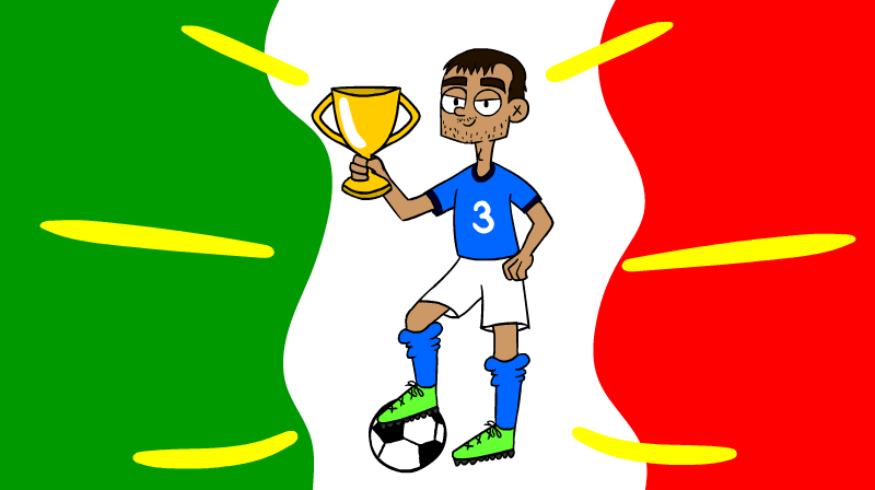 Disegno di un giocatore della nazionale italiana con in mano la coppa degli europei