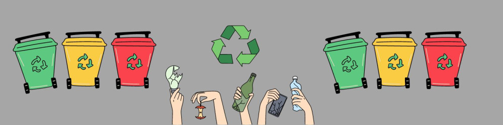 disegno con delle mani che raccolgono rifiuti e dei cassonetti con su il segno del riciclo