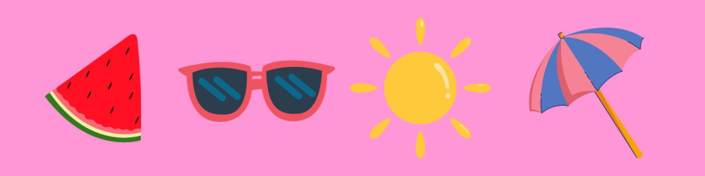 immagine con sfondo rosa e elementi estivi disegni di un anguria degli occhiali da sole un sole e un ombrellone