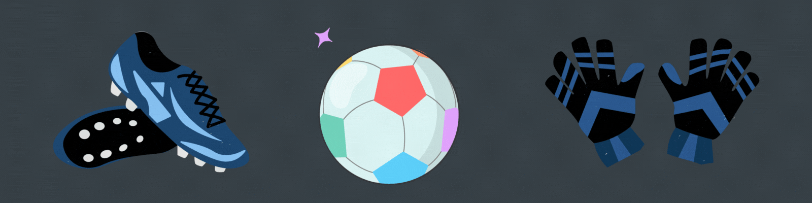 Disegno orizzontale con delle scarpette da calcio un pallone che si muove su e gi&ugrave; e dei guanti da portiere