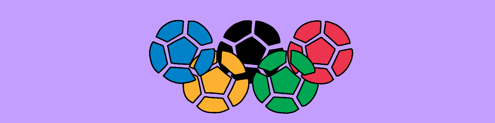immagine orizzontale a tema olimpiadi cerchi olimpici a forma di pallone da calcio con sfondo viola
